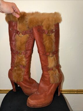 Women's Faux Fur Trim Rust Brown High-Heel Boots